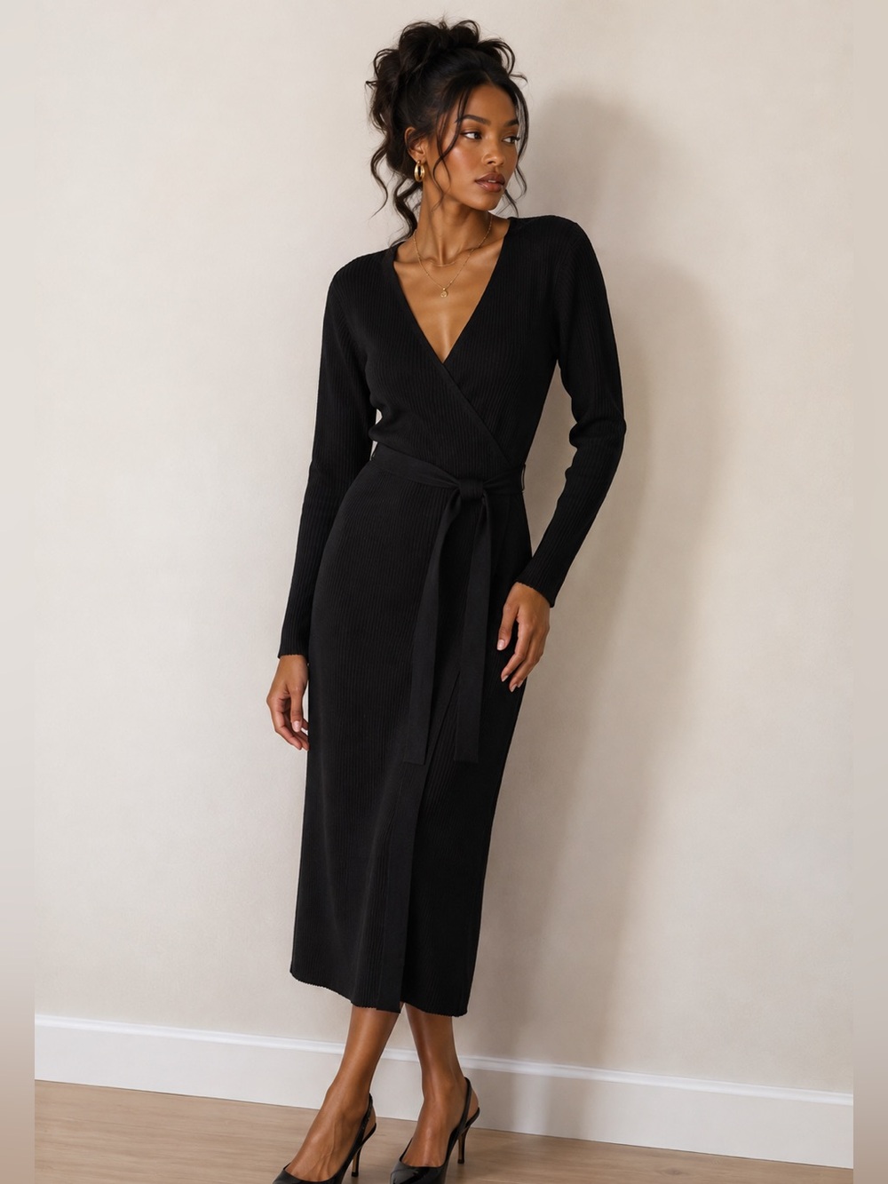 H&M Black Ribbed Wrap Midi Dress with Waist Tie